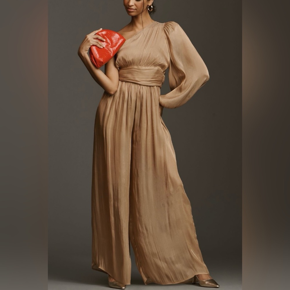 Anthropologie One-Shoulder Metallic Wide-Leg Jumpsuit, Size 4 - Picture 4 of 14